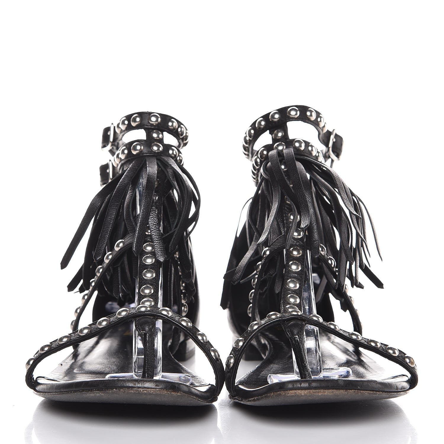 Saint Laurent Calfskin Studded Fringe Cyuko Sandals 37.5 Black 2 of 8