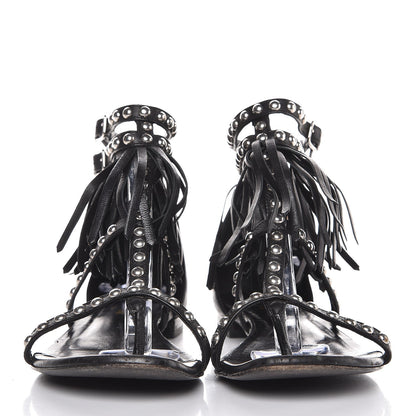 Saint Laurent Calfskin Studded Fringe Cyuko Sandals 37.5 Black 2 of 8