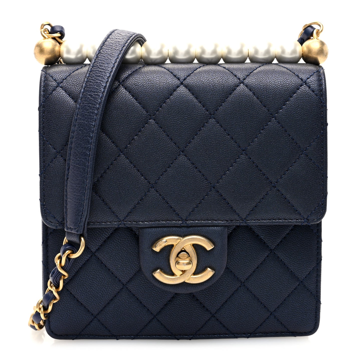 Iridescent Lambskin Quilted Chic Pearls Flap Navy Blue