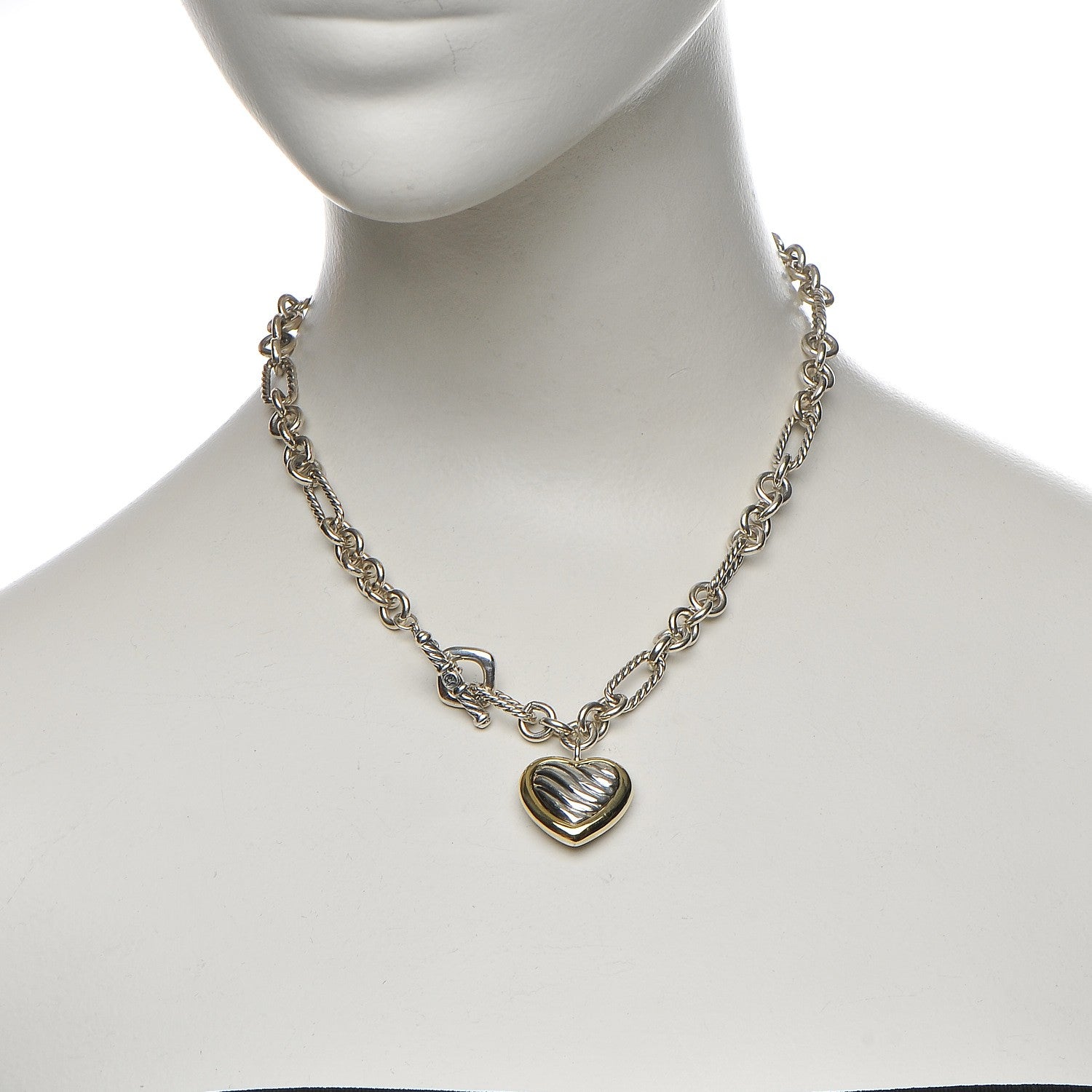 David Yurman Sterling Silver 18K Yellow Gold Cable Heart Figaro Necklace 2 of 7