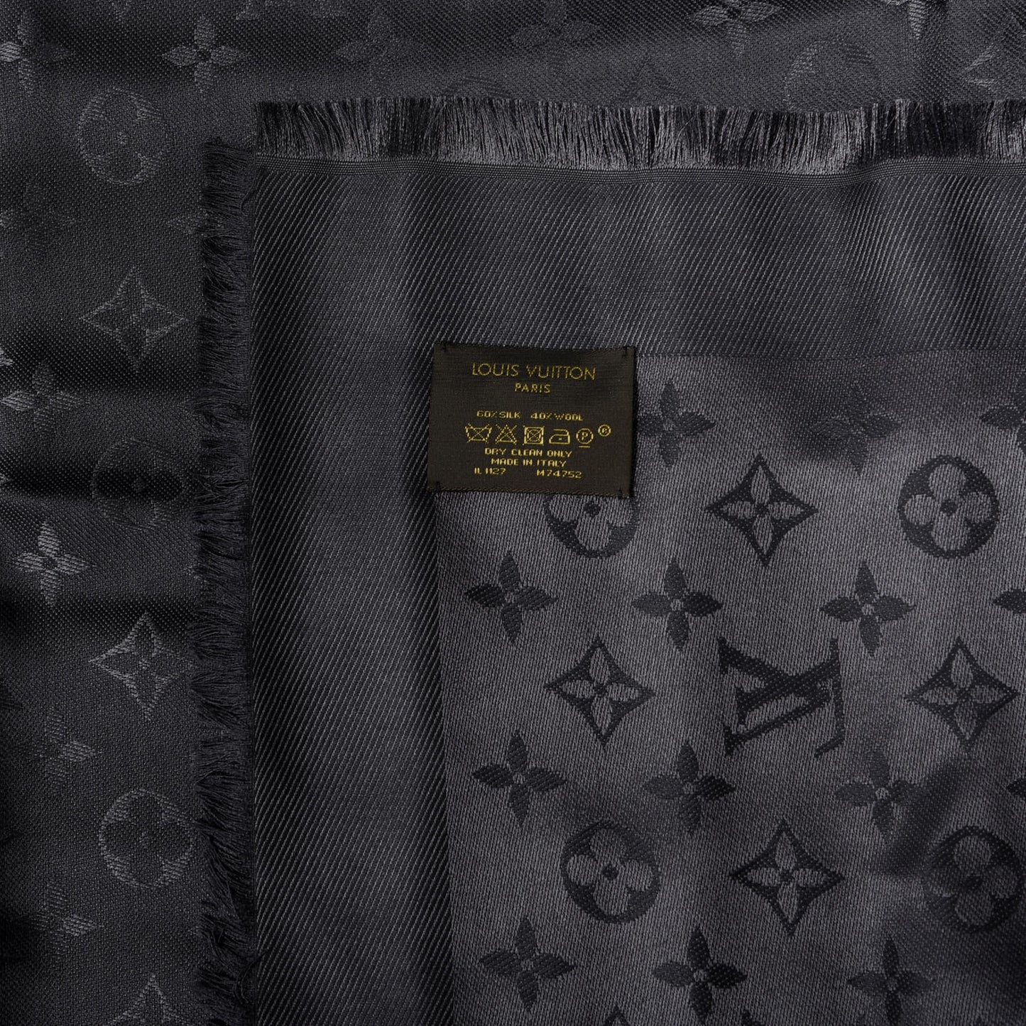 Silk Wool Monogram Shawl Charcoal Grey