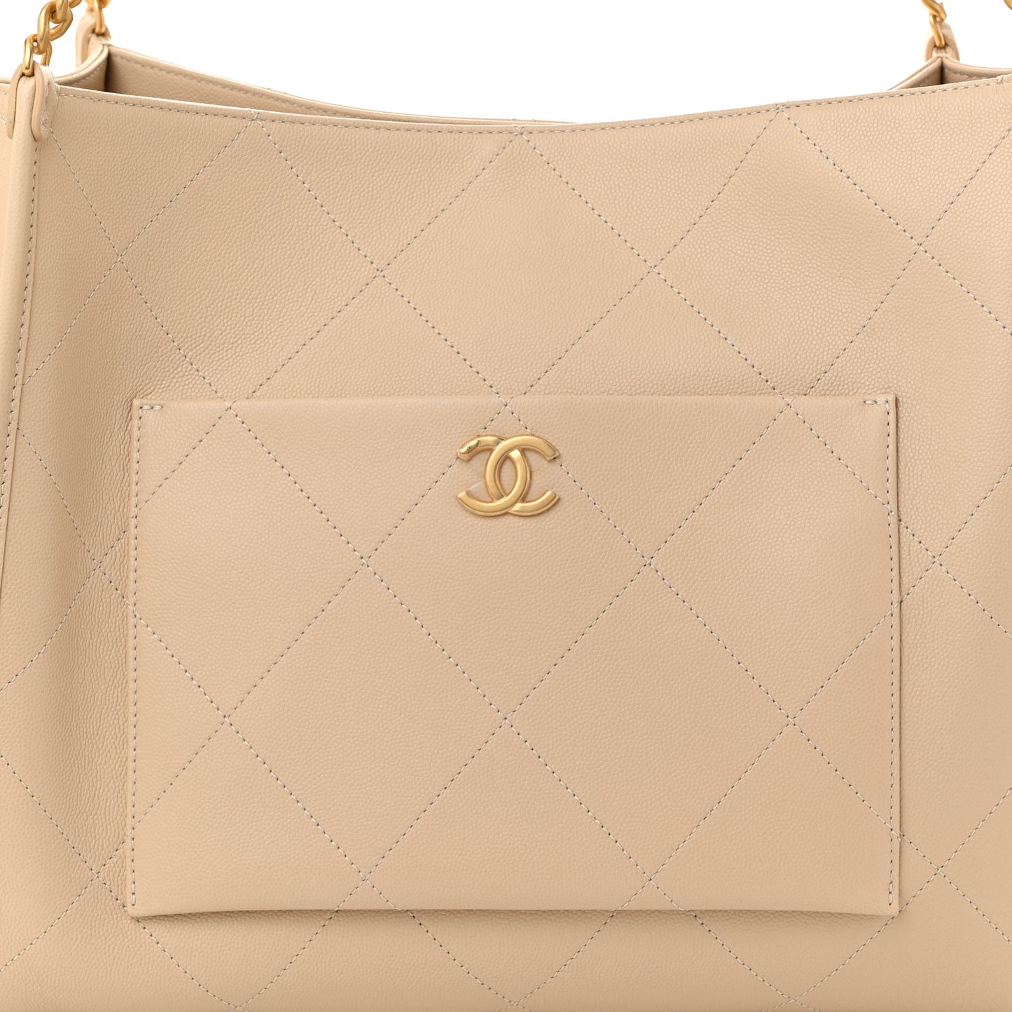 Caviar Stitched Pocket CC Large Tote Light Beige