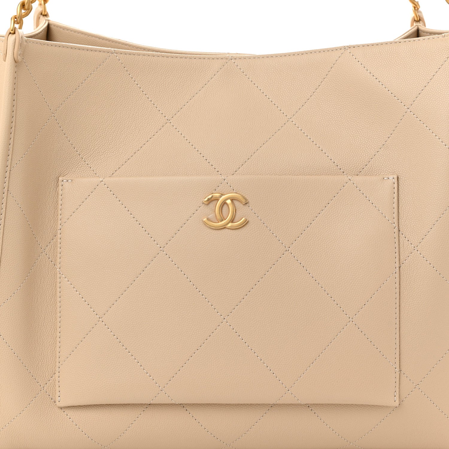 Chanel Caviar Stitched Pocket CC Large Tote Light Beige 9 of 11