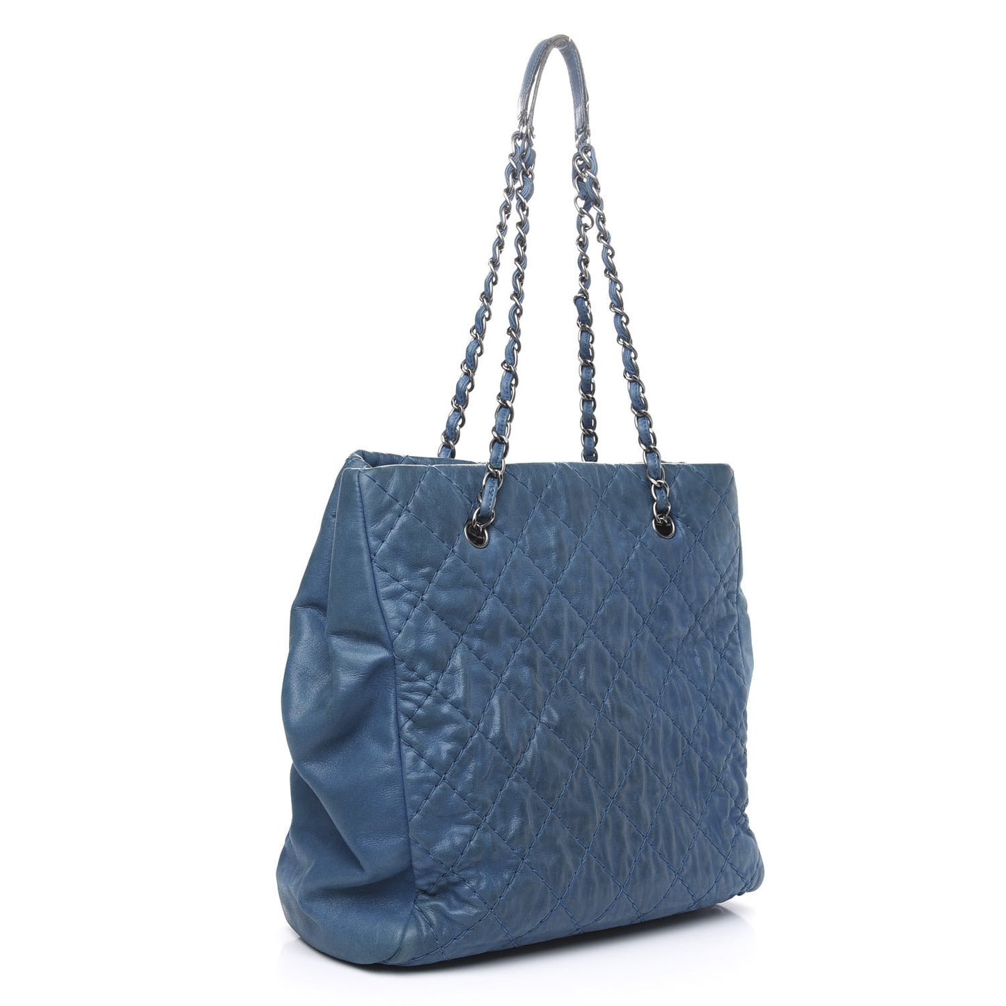 Iridescent Calfskin Quilted Shopping Tote Blue