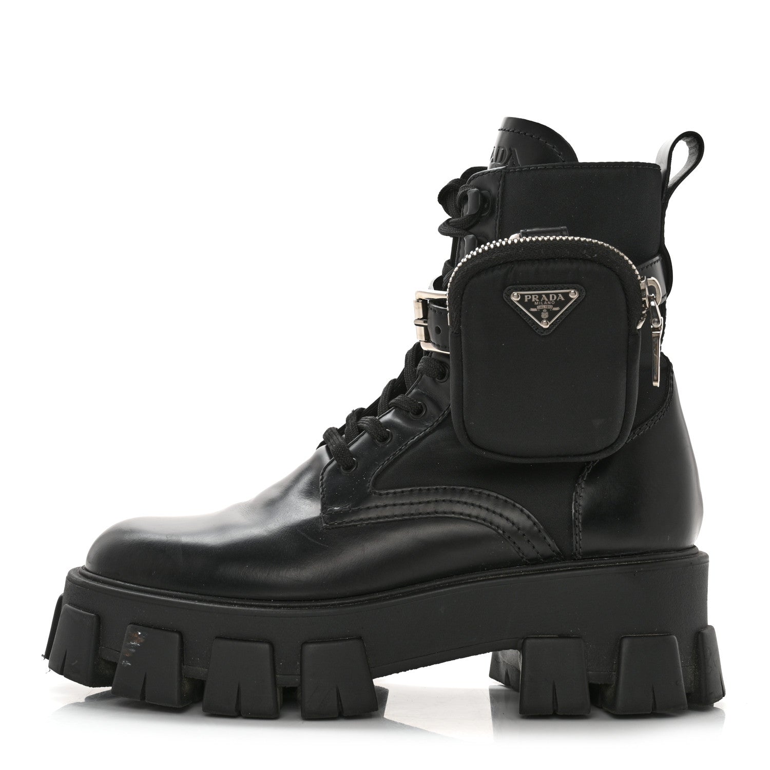 Prada Spazzolato Rois Nylon Metal Triangle Logo Monolith Pouch Pocket 55mm Boots 39 Black 1 of 12