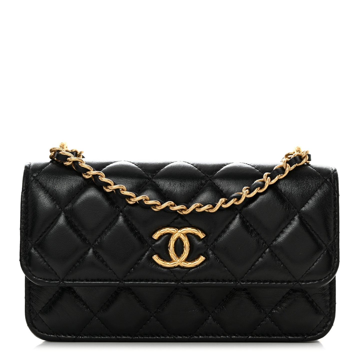 Lambskin Quilted Dynasty Flap Phone Holder With Chain Black