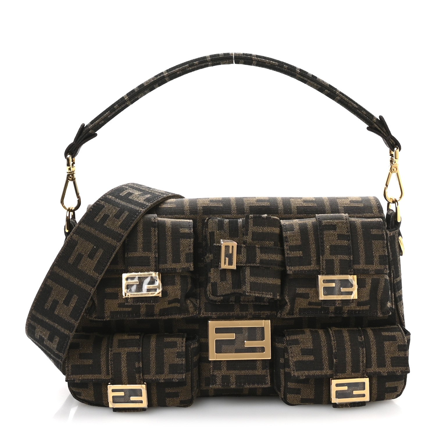 Fendi Fabric Jacquard FF 1974 Multipocket Baguette Tobacco Moro 1 of 10