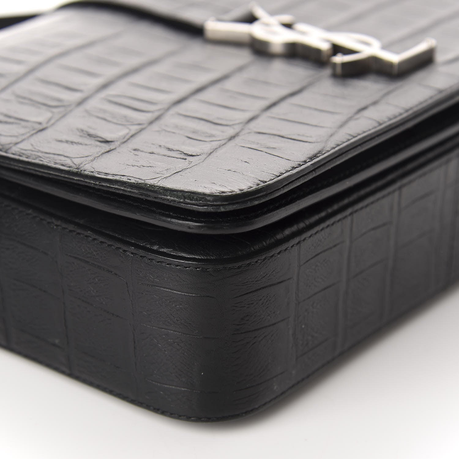 Saint Laurent Calfskin Crocodile Embossed Medium Monogram Universite Bag Black 6 of 10