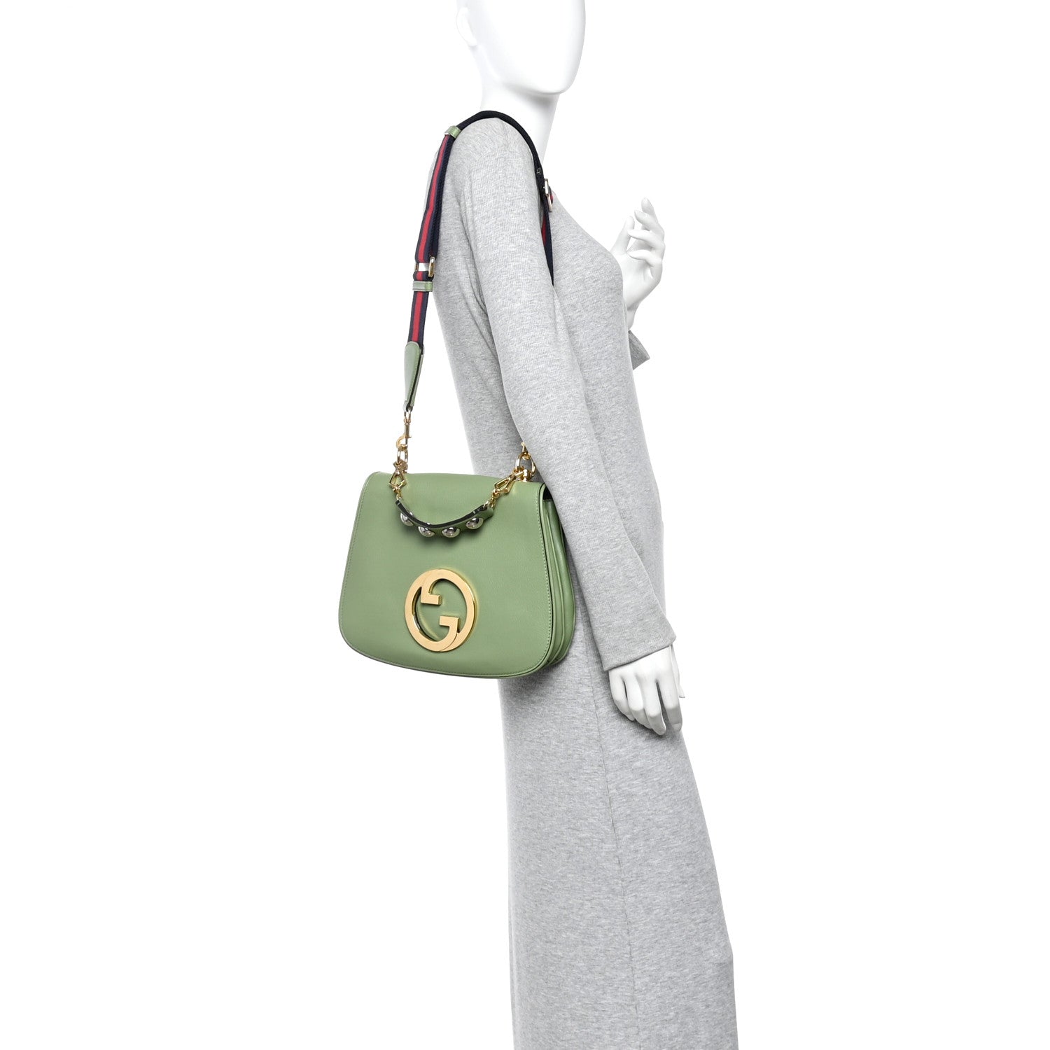 Gucci Roxy Calfskin Web Medium Blondie Top Handle Shoulder Flap Bag Salamander Green 2 of 10
