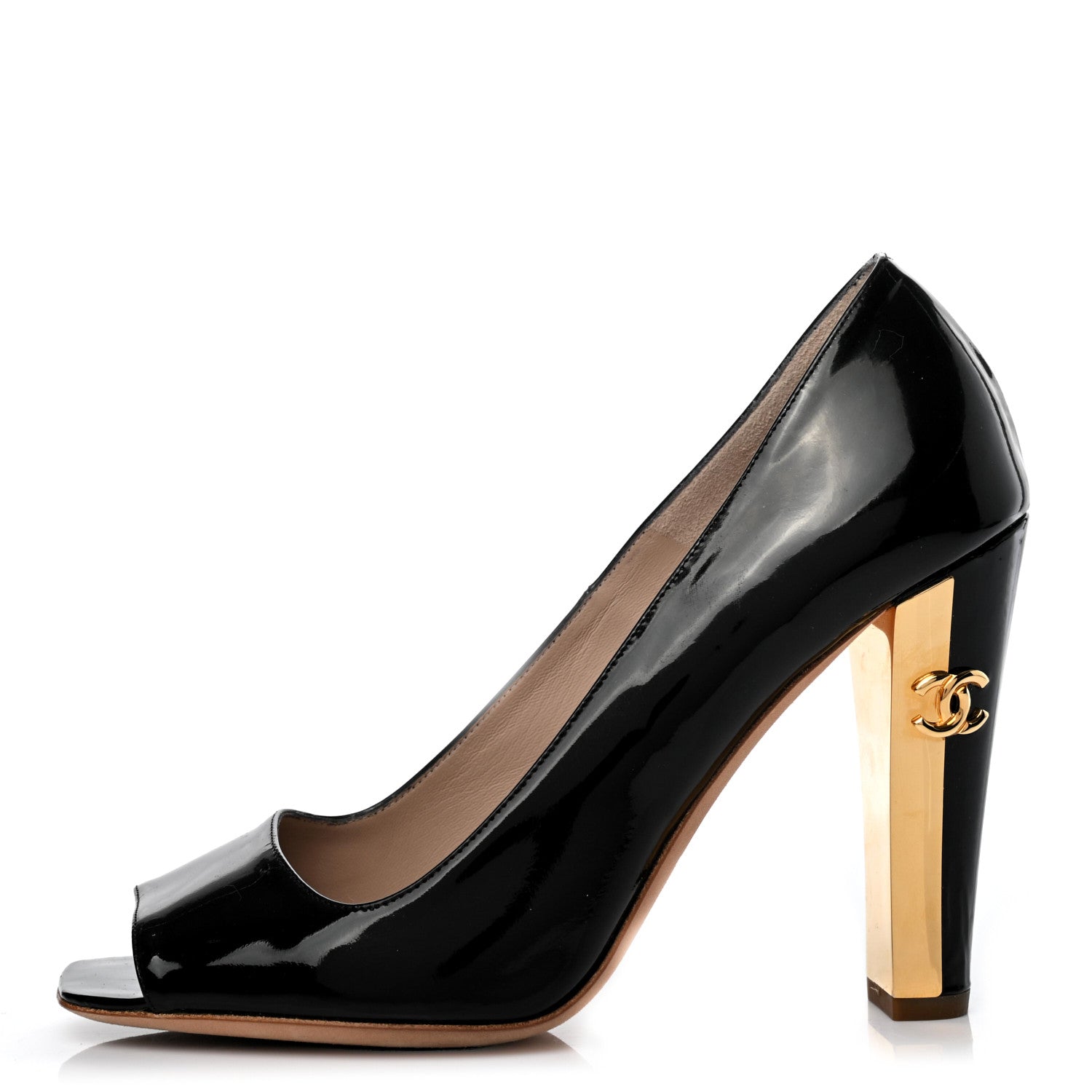 Chanel Patent Calfskin CC Open Toe Pumps 37.5 Black 1 of 9