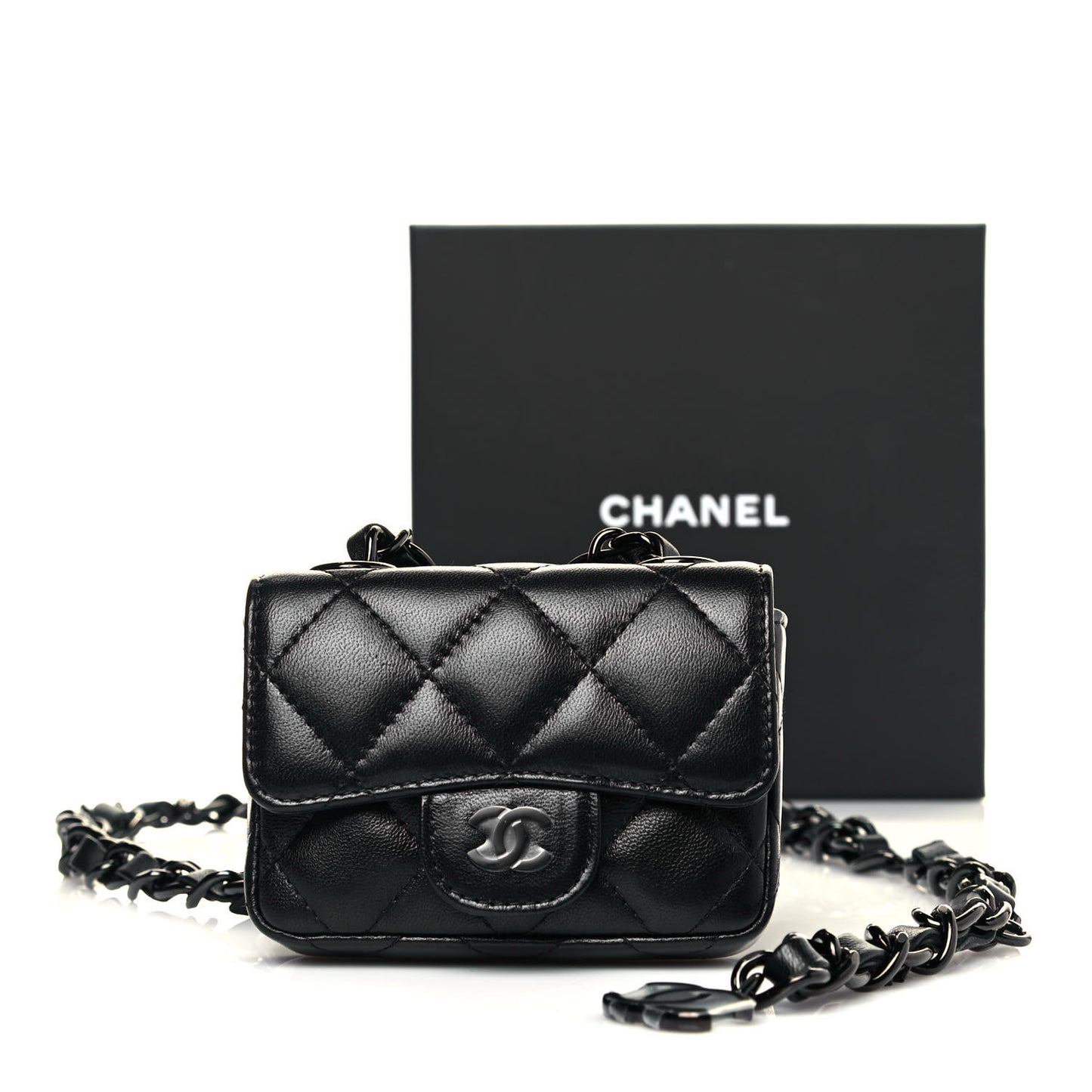 Lambskin Quilted Mini Chain Belt Bag Black