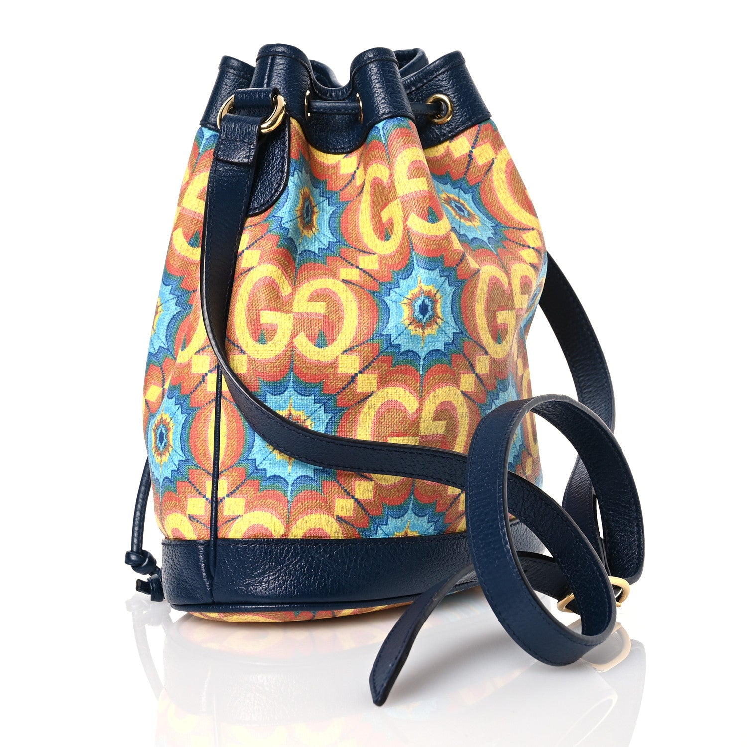 Gucci GG Supreme Kaleidoscope Calfskin Script Logo Gucci 100 Bucket Drawstring Bag Blue Orange Multicolor Blue Agata 3 of 13
