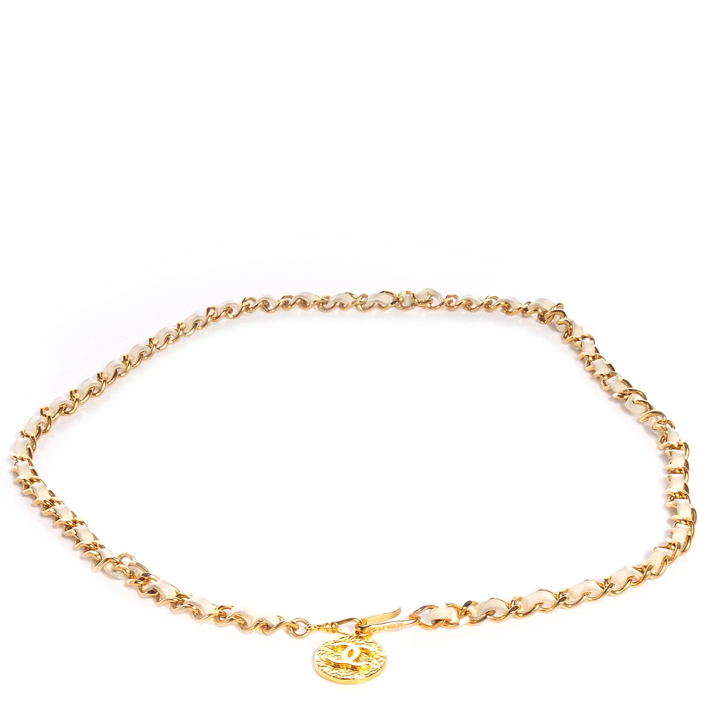 Leather Gold Chain CC Medallion Belt Ivory