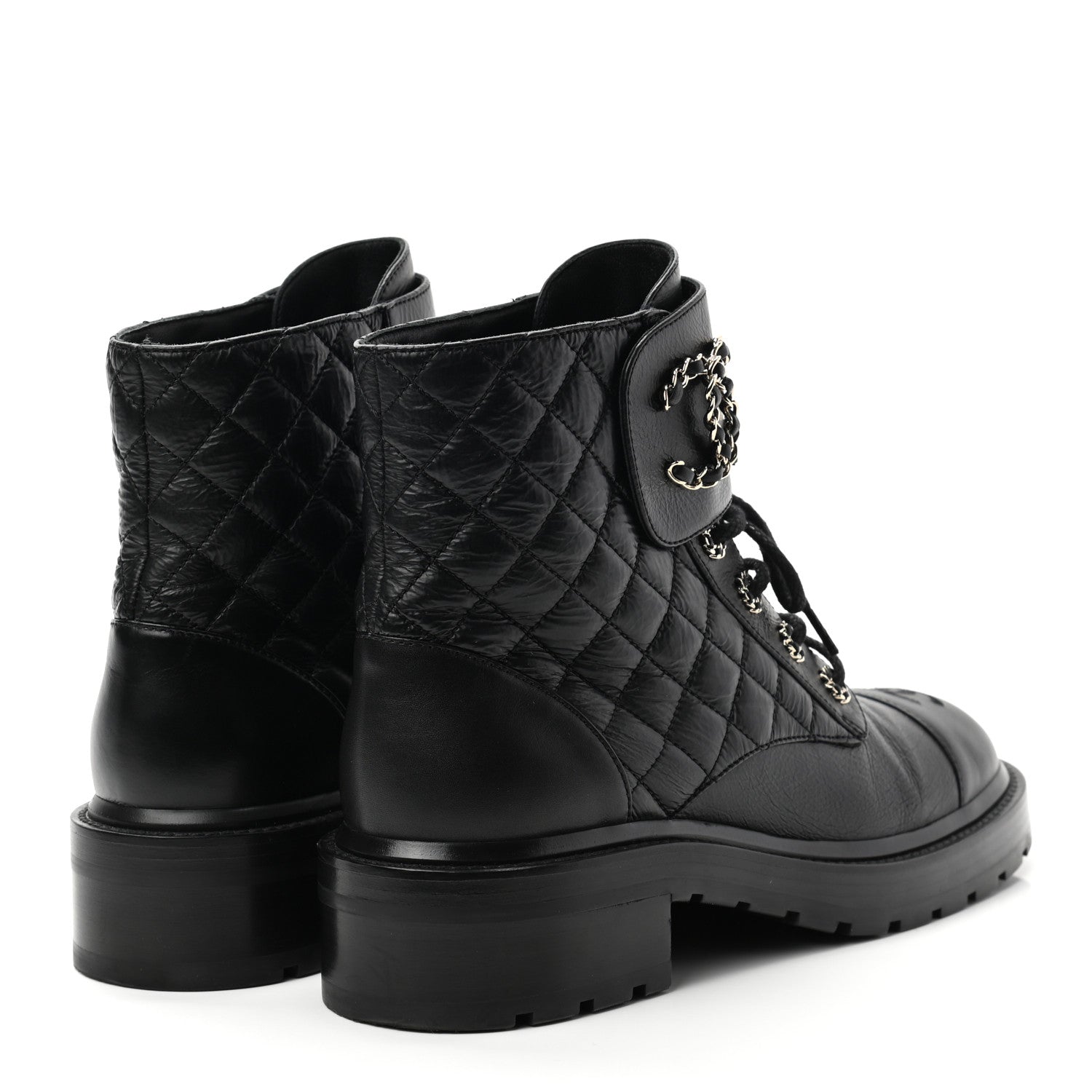 Chanel Shiny Goatskin Calfskin Quilted Lace Up Combat Boots 39.5 Black 4 of 8