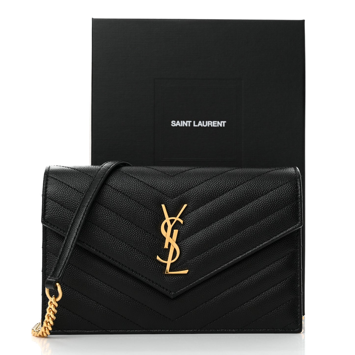 Grain De Poudre Matelasse Chevron Monogram Envelope Chain Wallet Black