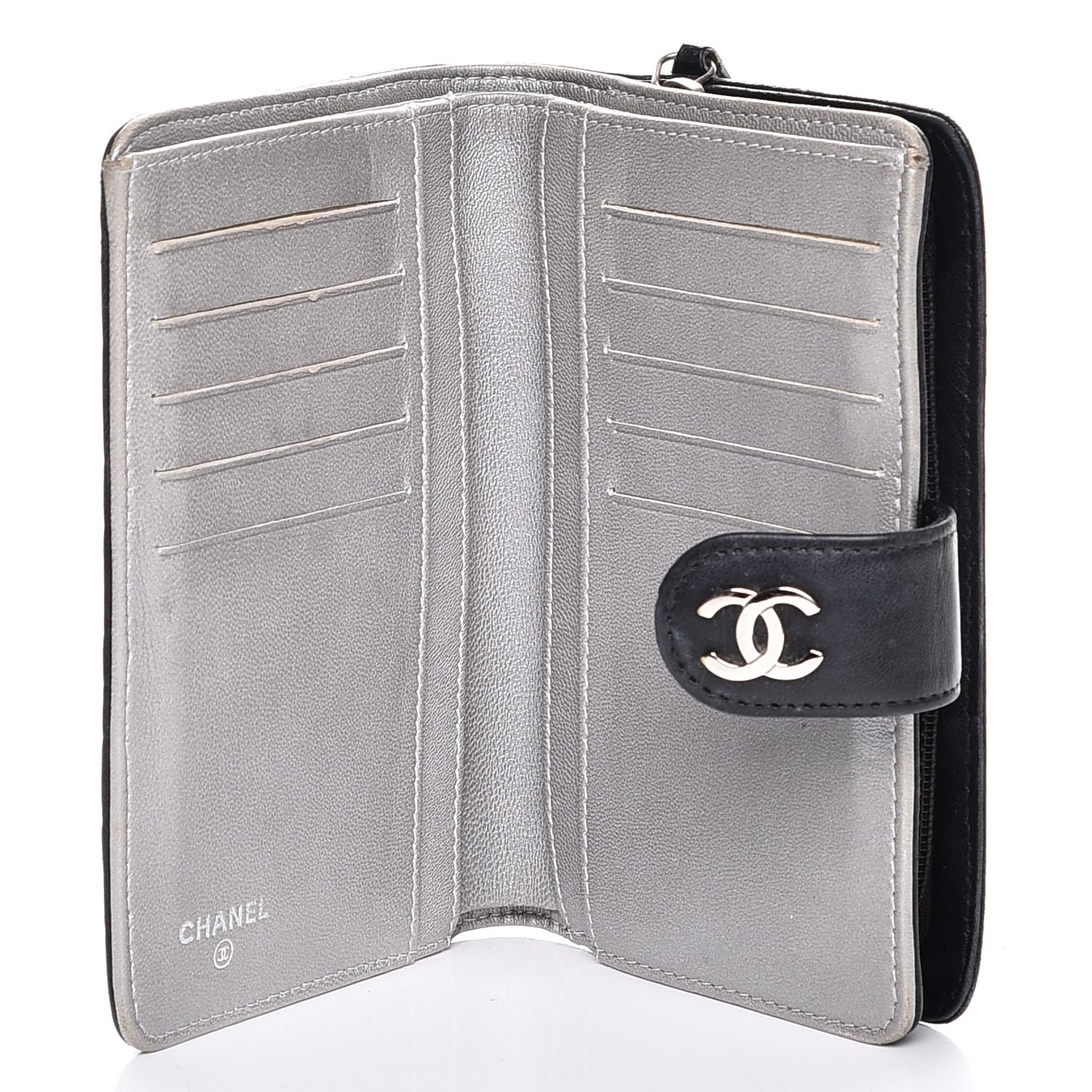 Lambskin Camellia Embossed Zipped Pocket Wallet Black