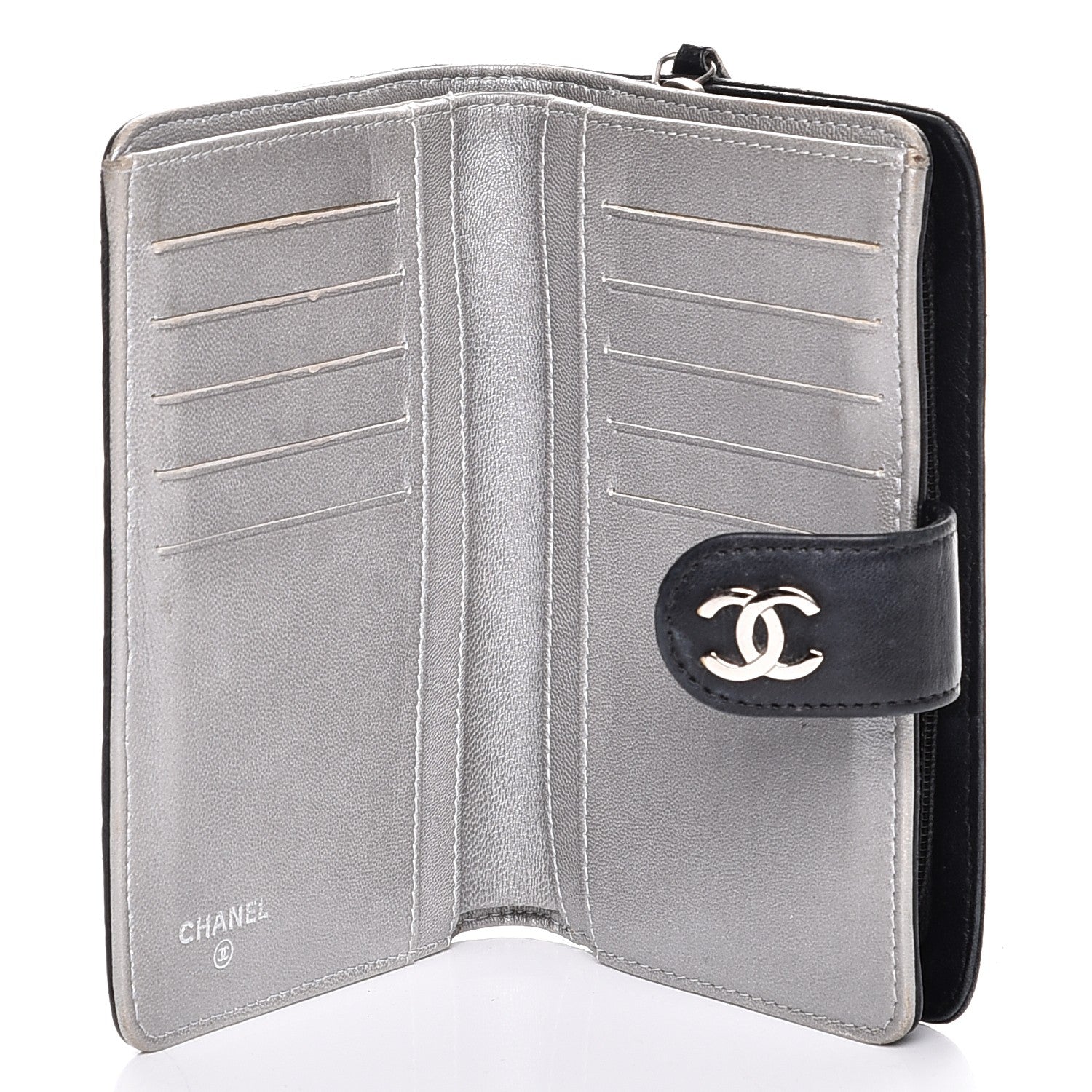Chanel Lambskin Camellia Embossed Zipped Pocket Wallet Black 5 of 9