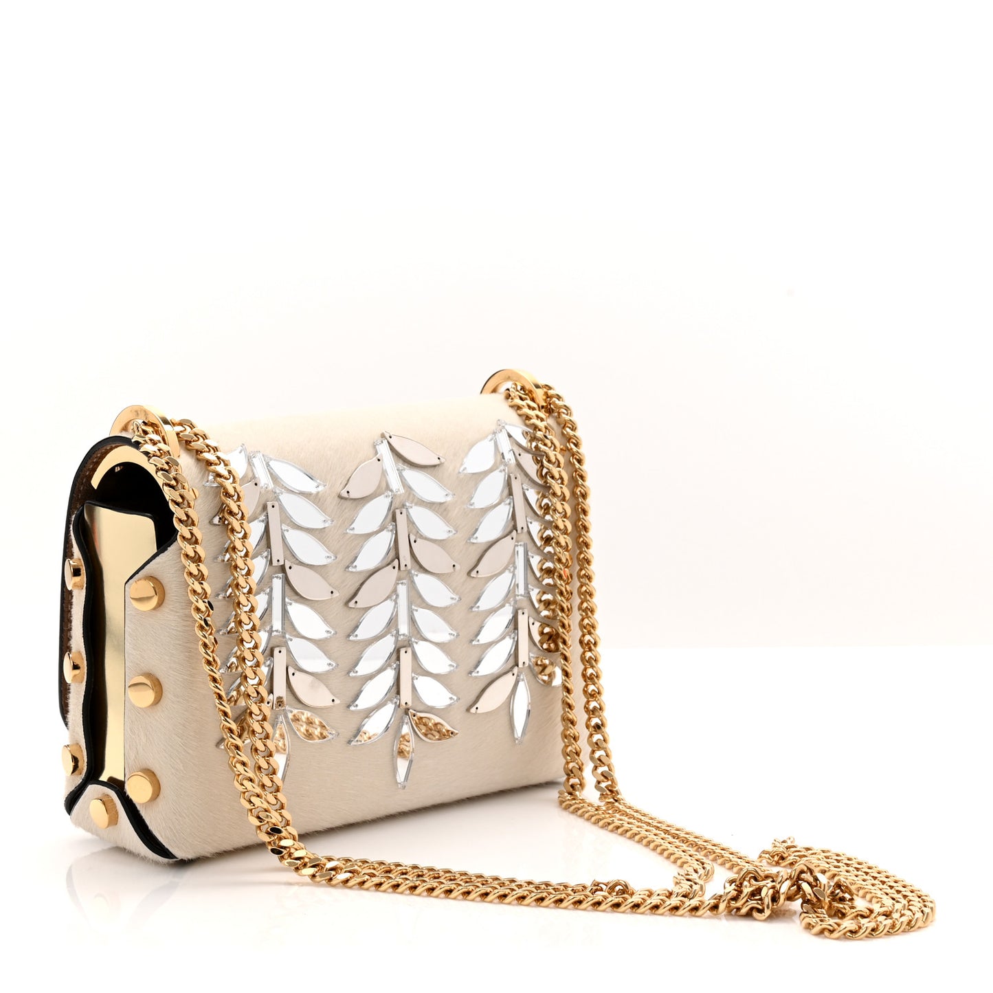 Calf Hair Mirror Embellished Lockett Petite Shoulder Bag White