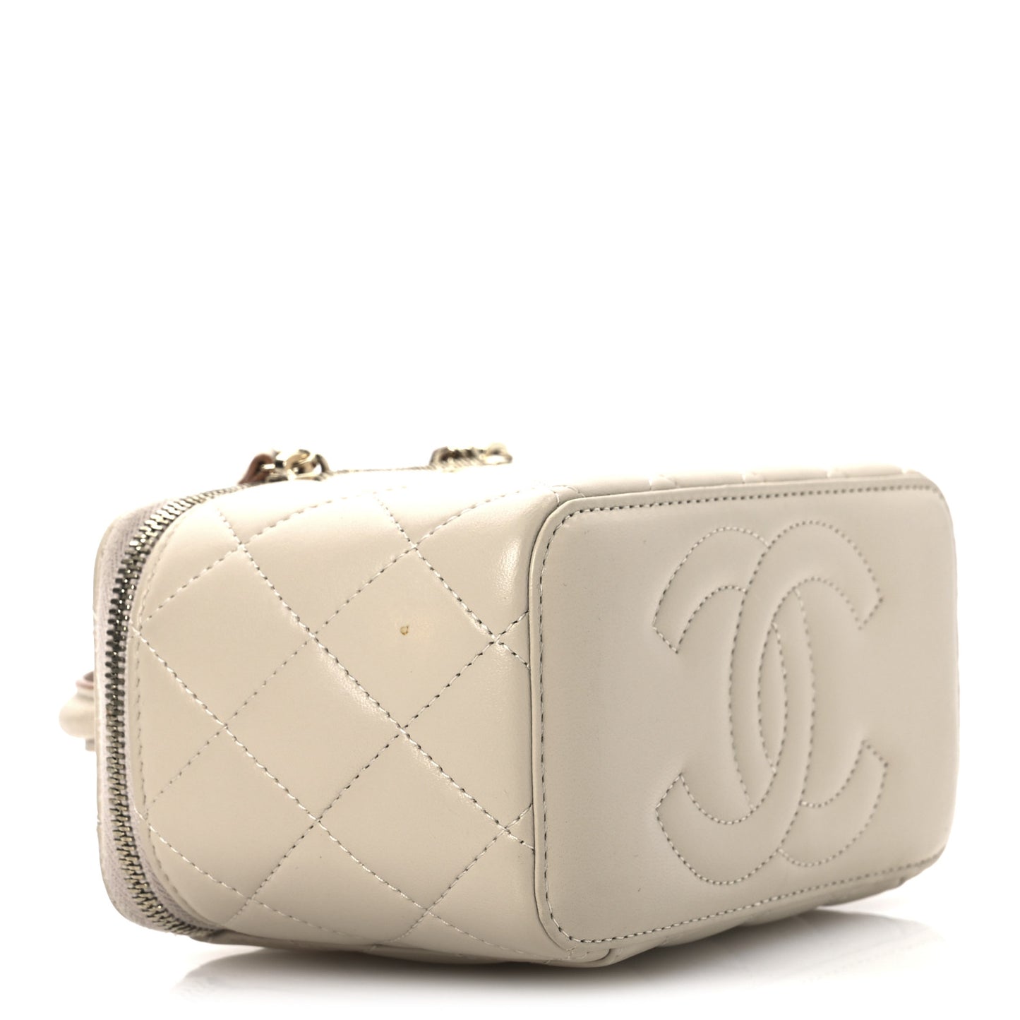 Lambskin Quilted Small Top Handle Vanity Case With Chain Ecru Dark Beige
