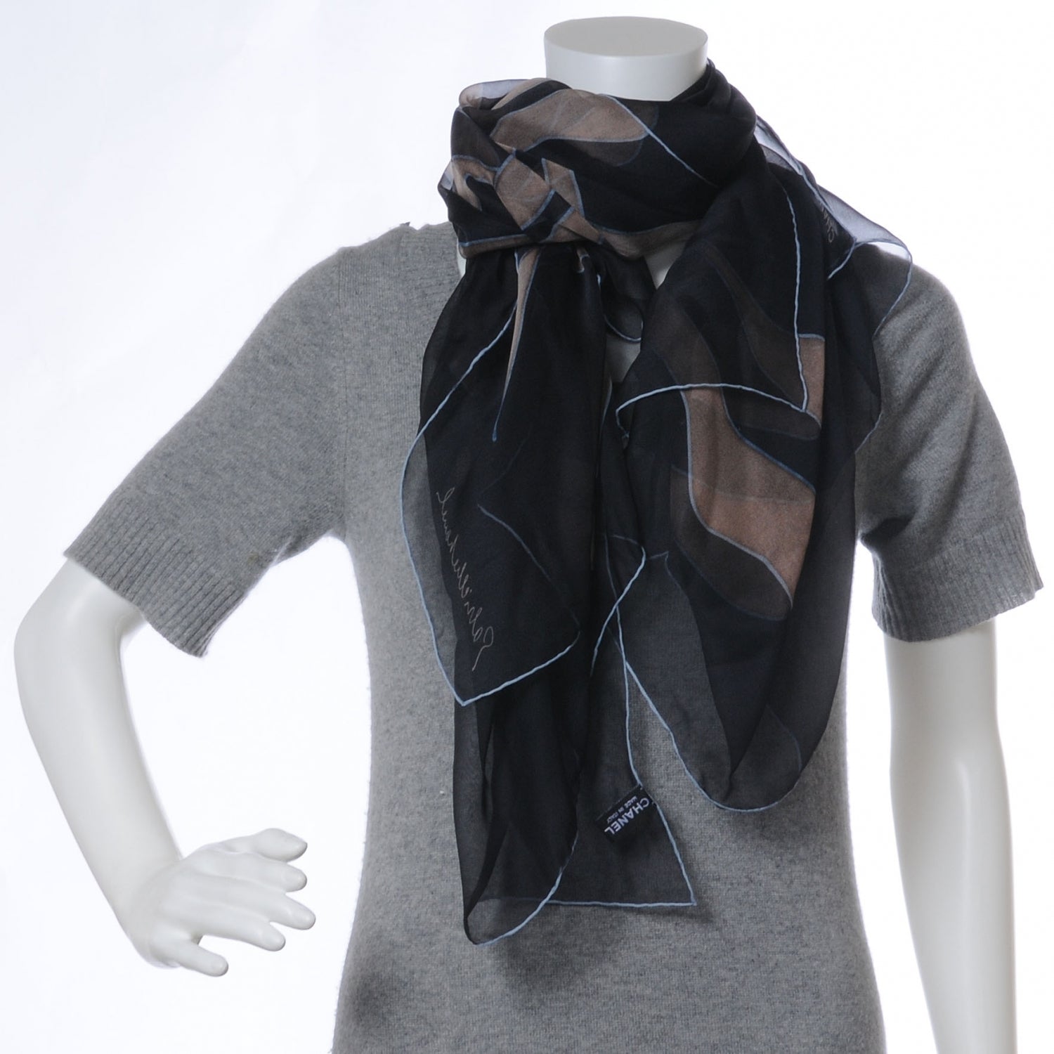 Chanel Silk Chiffon Floral Scarf Shawl Black Taupe 4 of 9