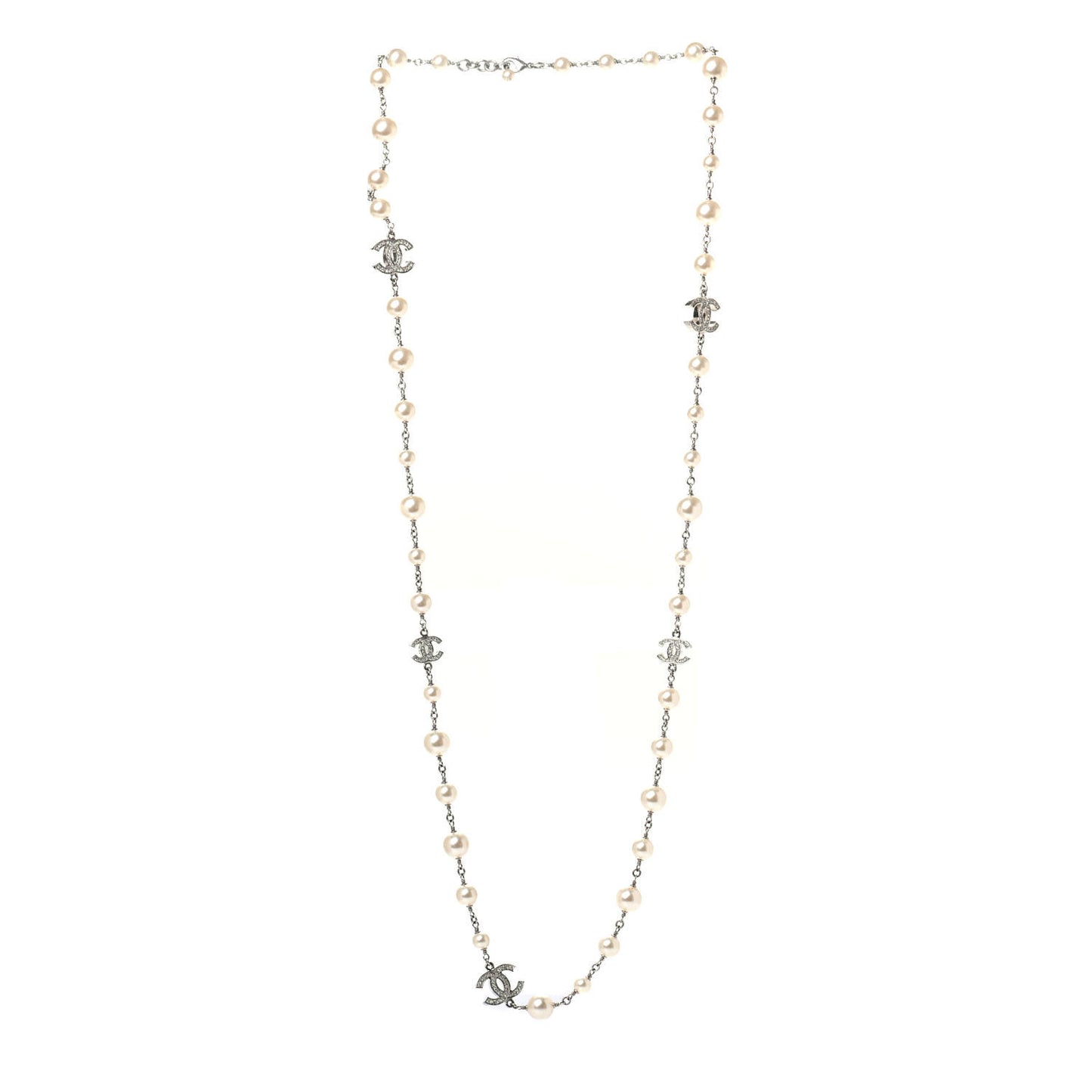 Crystal Pearl CC Long Necklace Silver