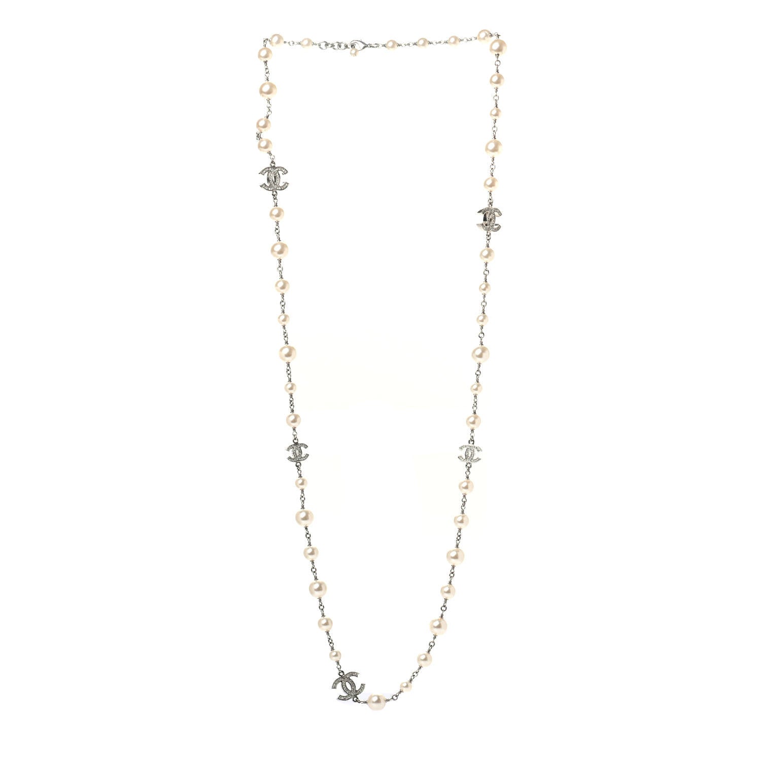 Chanel Crystal Pearl CC Long Necklace Silver 2 of 4