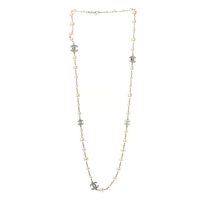 Chanel Crystal Pearl CC Long Necklace Silver 2 of 4