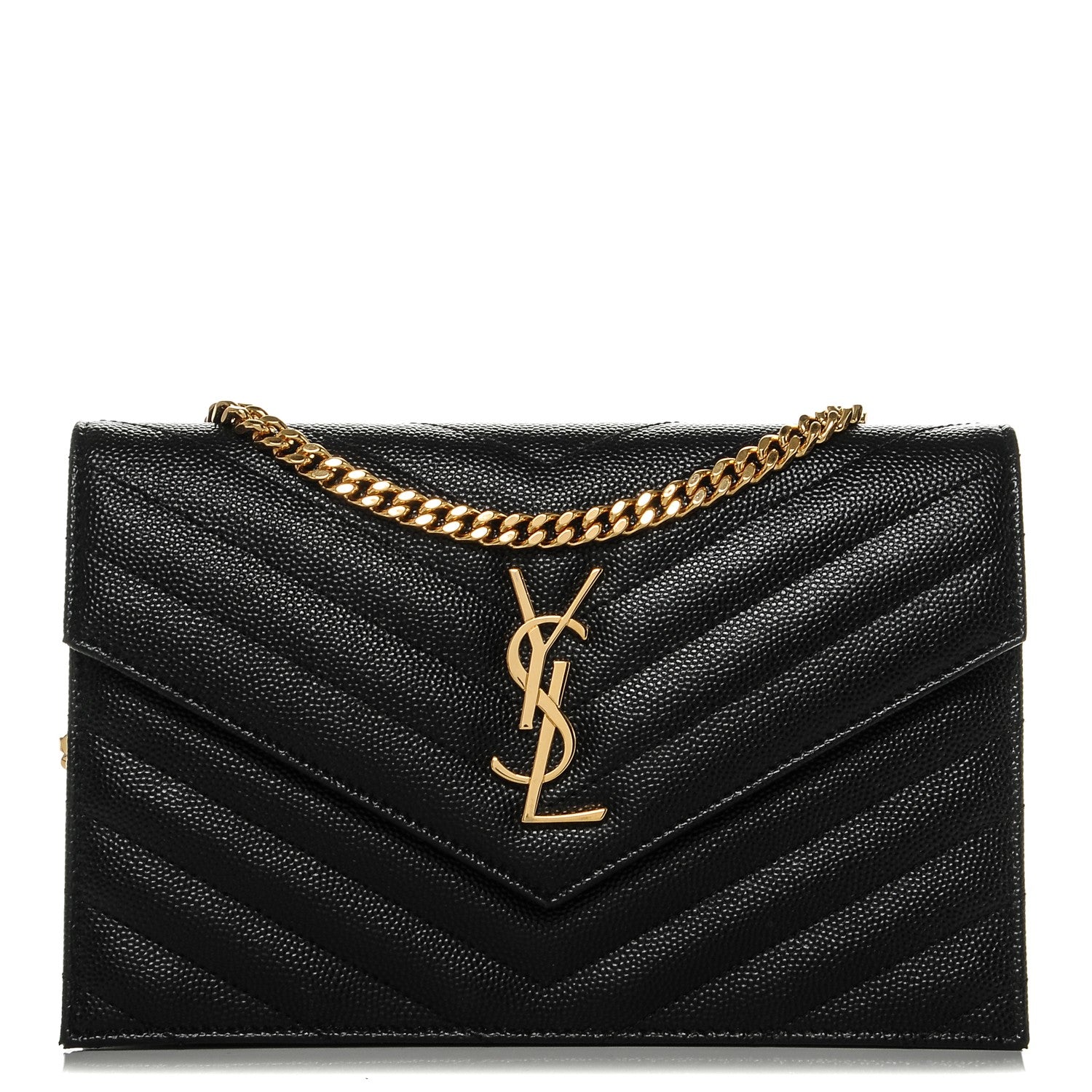 Saint Laurent Grain De Poudre Matelasse Chevron Monogram Envelope Chain Wallet Black 1 of 6