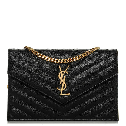 Saint Laurent Grain De Poudre Matelasse Chevron Monogram Envelope Chain Wallet Black 1 of 6