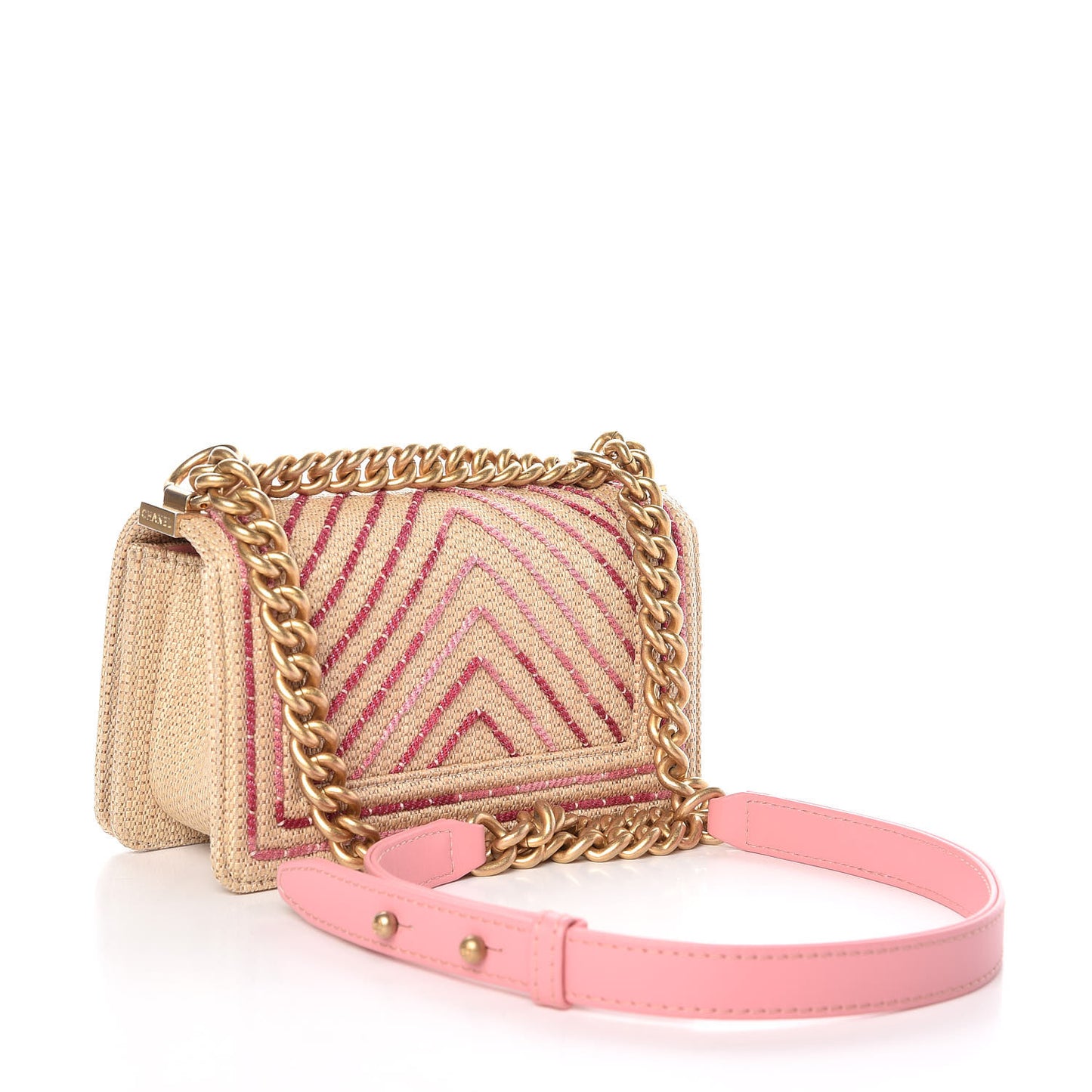 Cotton Canvas Calfskin Chevron Embroidered Small Boy Flap Beige Pink