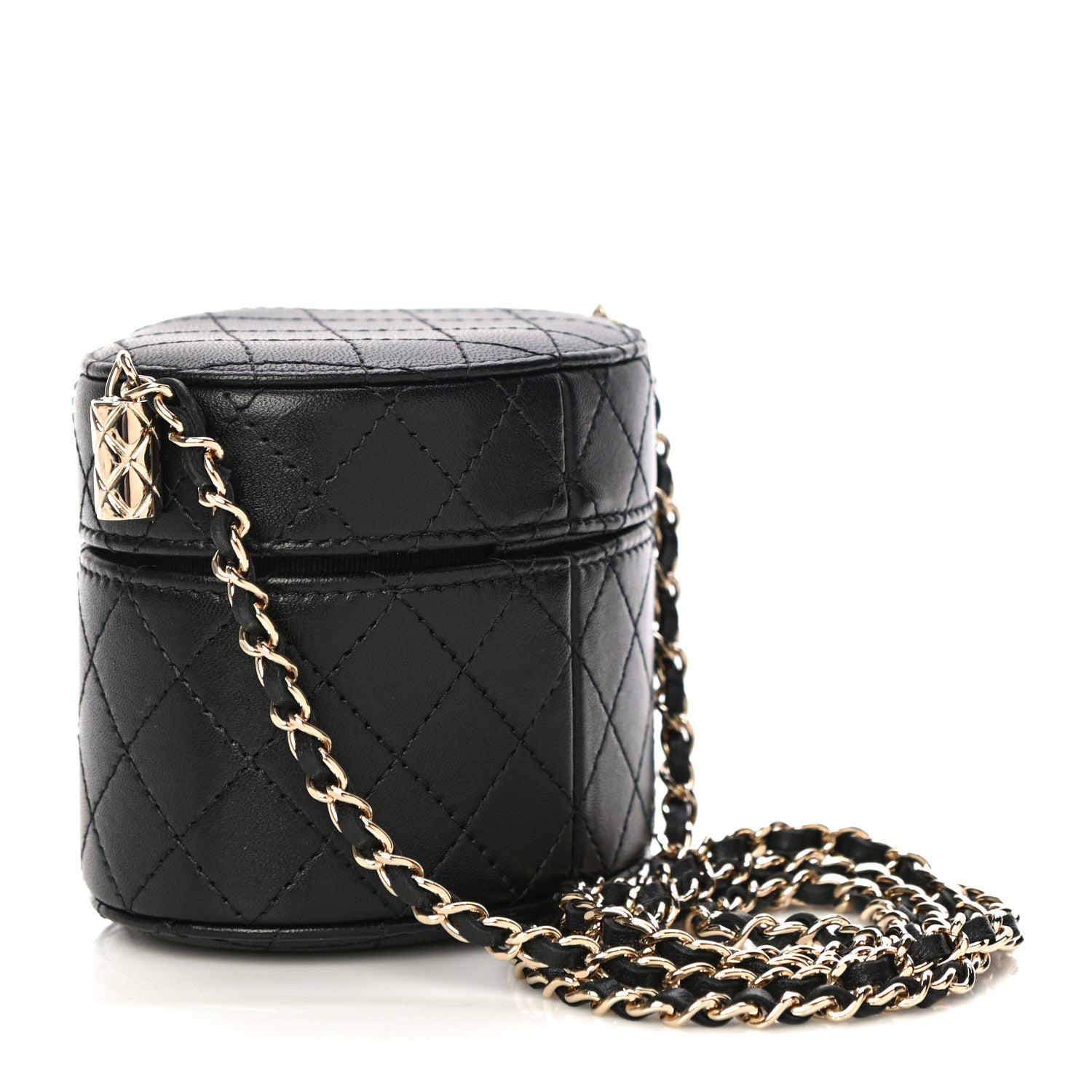 Chanel Lambskin Quilted Mini Round Vanity Case With Chain Black 2 of 14