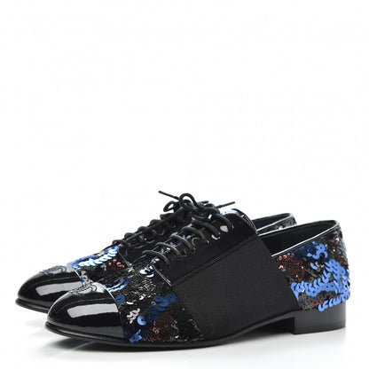 Chanel Patent Calfskin Sequin CC Cap Toe Womens Lace Up Oxfords 36 Blue Black 3 of 8