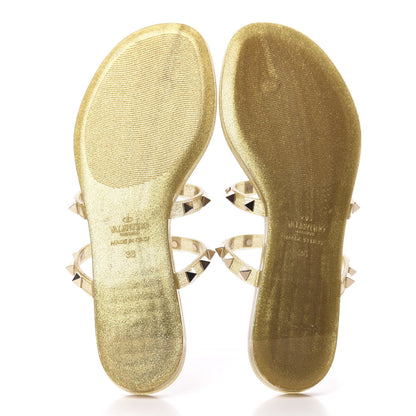 Valentino Garavani PVC Jelly Glitter Rockstud Caged Flat Thong Sandals 36 Oro 5 of 8