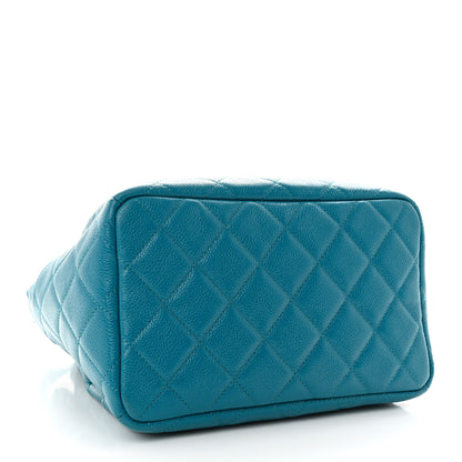 Chanel Caviar Flat Quilted CC Chain Bucket Drawstring Bag Blue 4 of 11