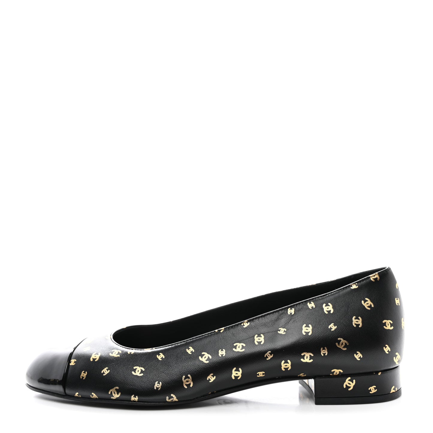 Lambskin Patent Calfskin Printed CC Cap Toe Ballerina Flats 40 Black Gold