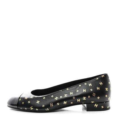 Chanel Lambskin Patent Calfskin Printed CC Cap Toe Ballerina Flats 40 Black Gold 1 of 8