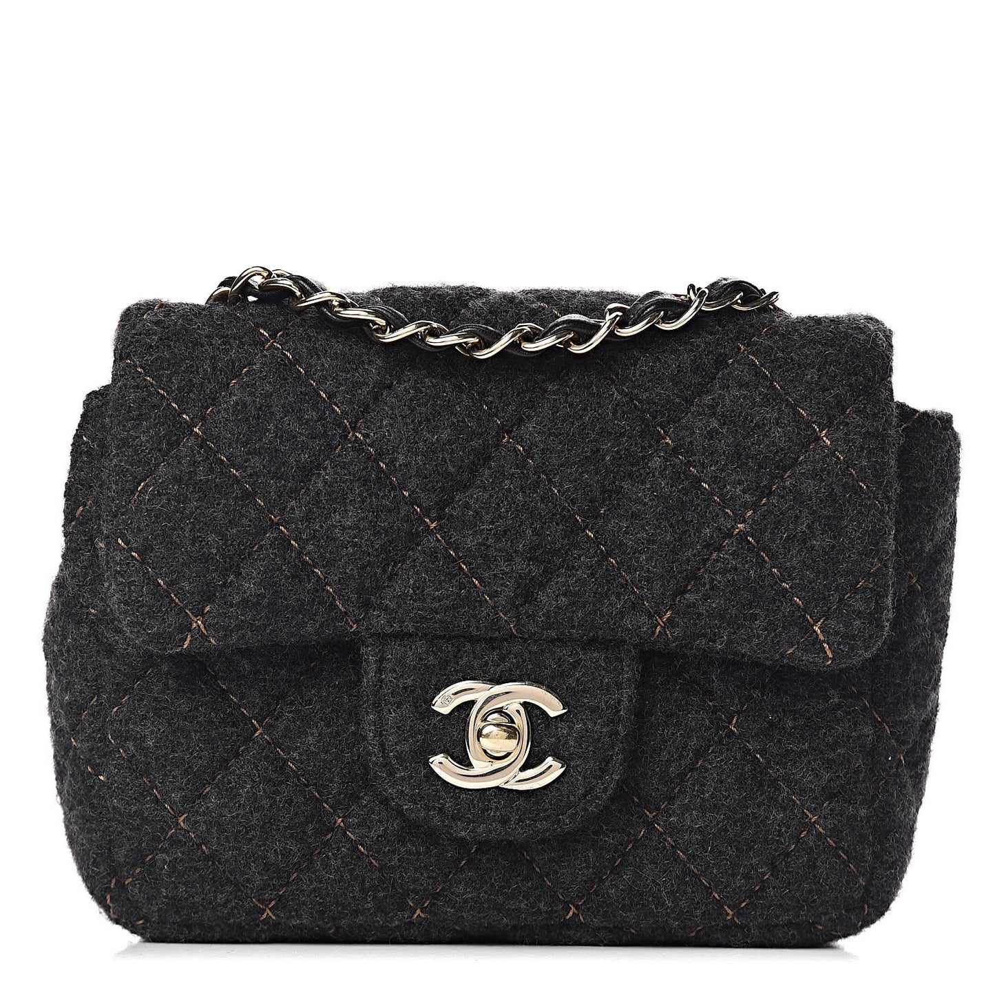 Wool Contrast Stitch Mini Square Flap Charcoal