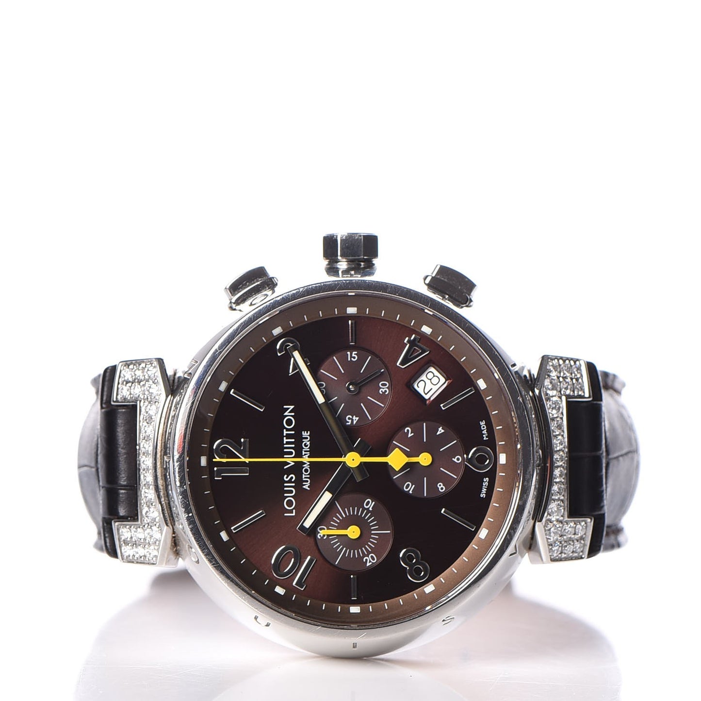Stainless Steel Alligator Diamond 41mm Tambour Chronograph Automatic Watch Brown