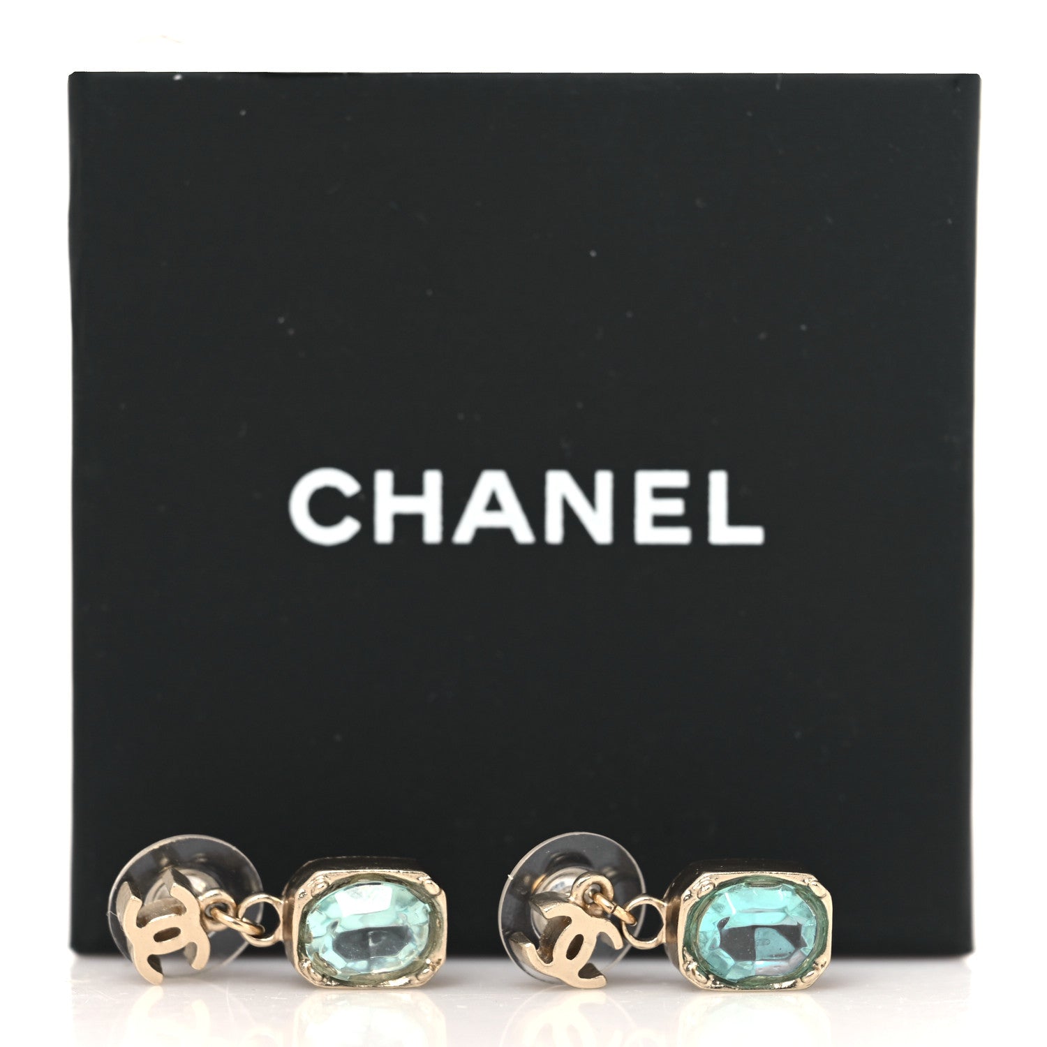 Chanel Crystal CC Drop Earrings Gold Blue 5 of 5