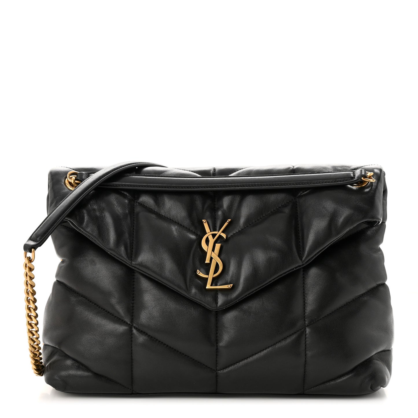 Lambskin Quilted Medium Loulou Puffer Monogram Chain Satchel Black