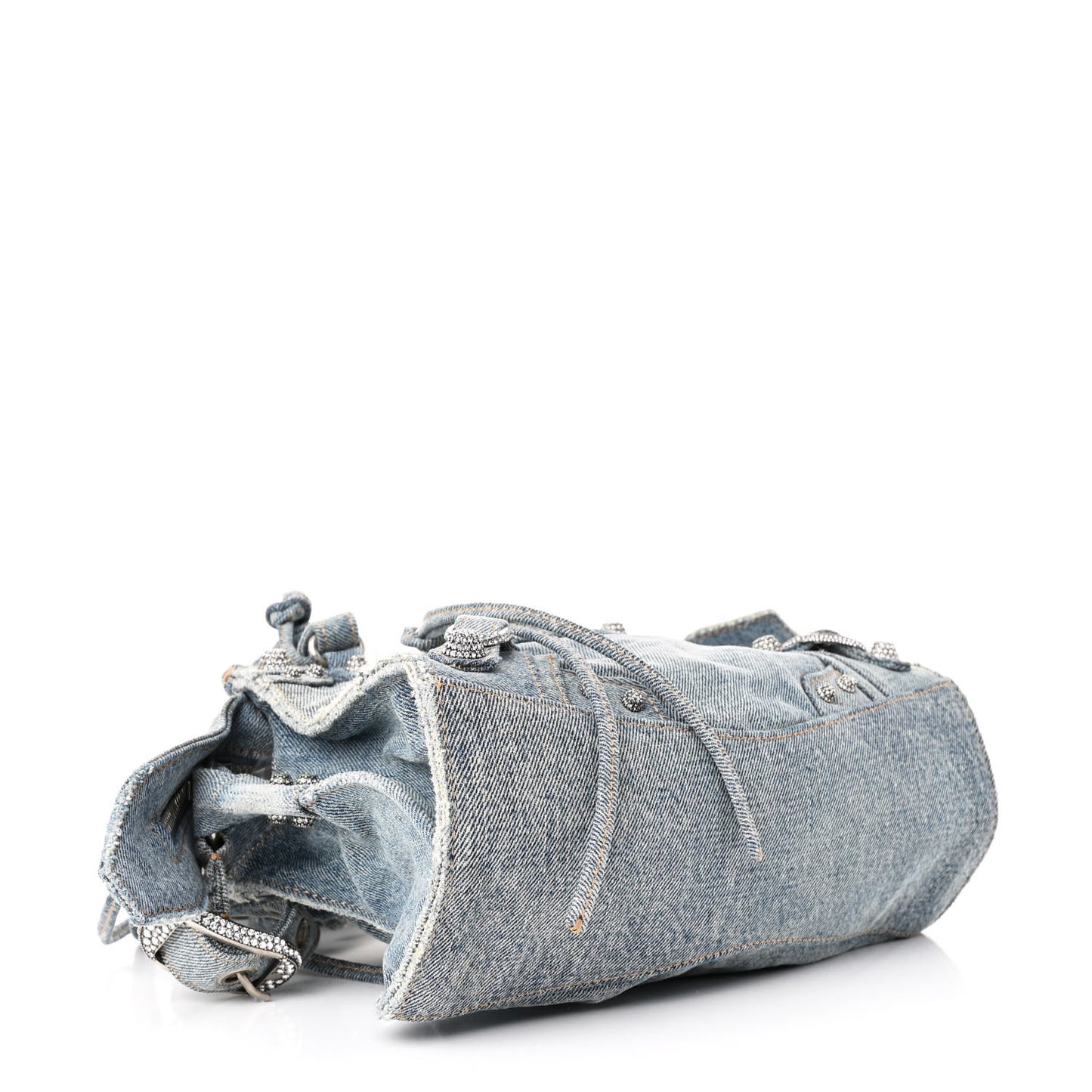Washed Frayed Denim Crystal Neo Cagole Handbag XS Blue