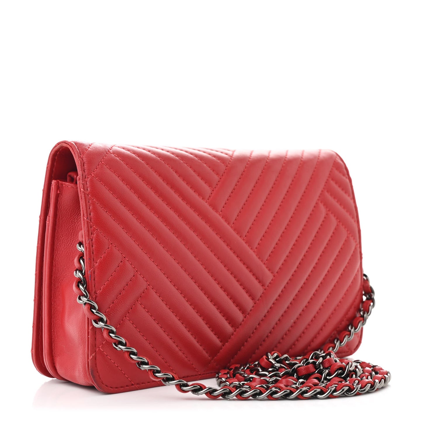 Lambskin Quilted CC Crossing Wallet On Chain WOC Red