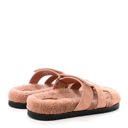 Hermes Suede Goatskin Woolskin Womens Chypre Sandals 37.5 Rose Aube 3 of 4