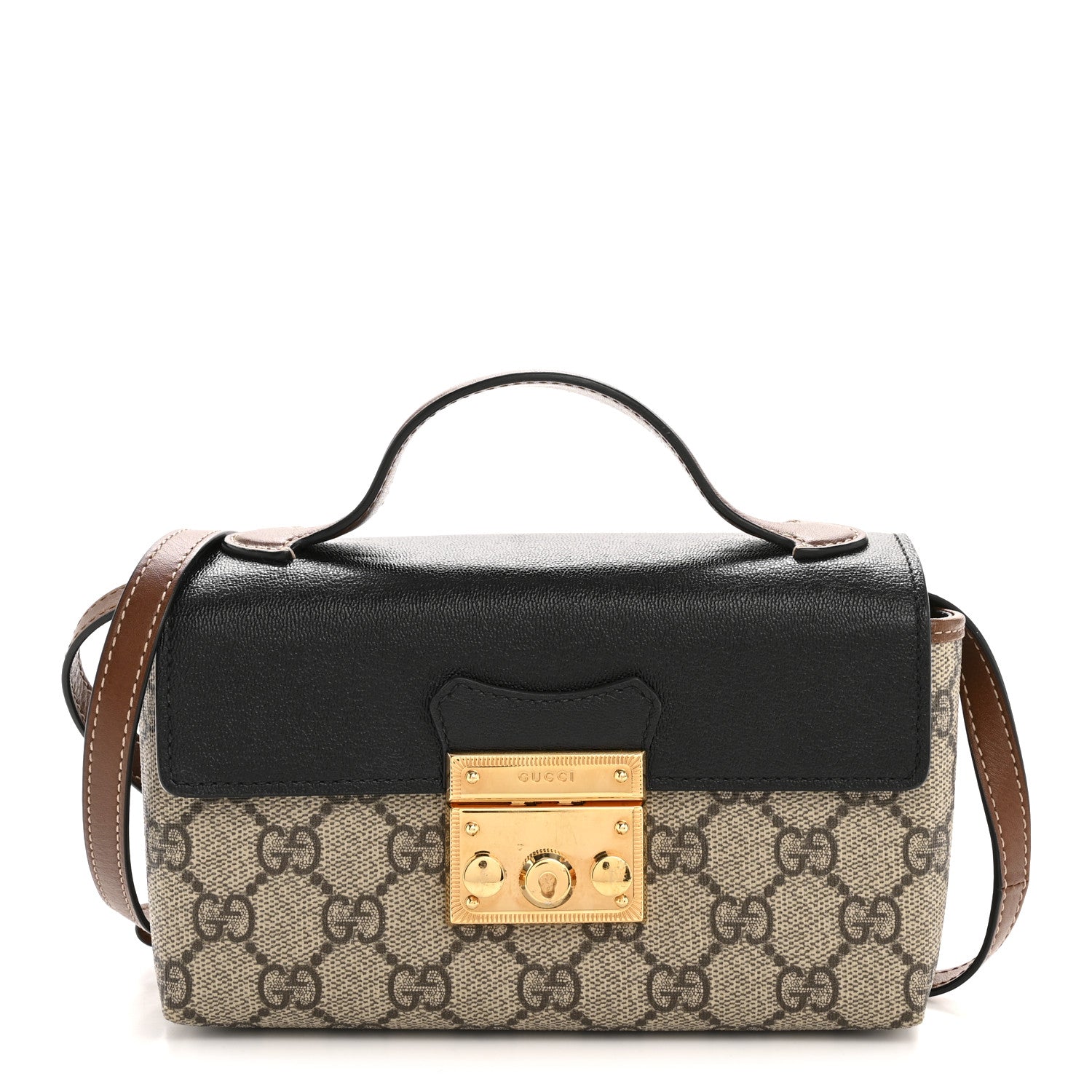 Gucci GG Supreme Monogram Calfskin Mini Padlock Top Handle Shoulder Bag Beige Black Cuir 1 of 12