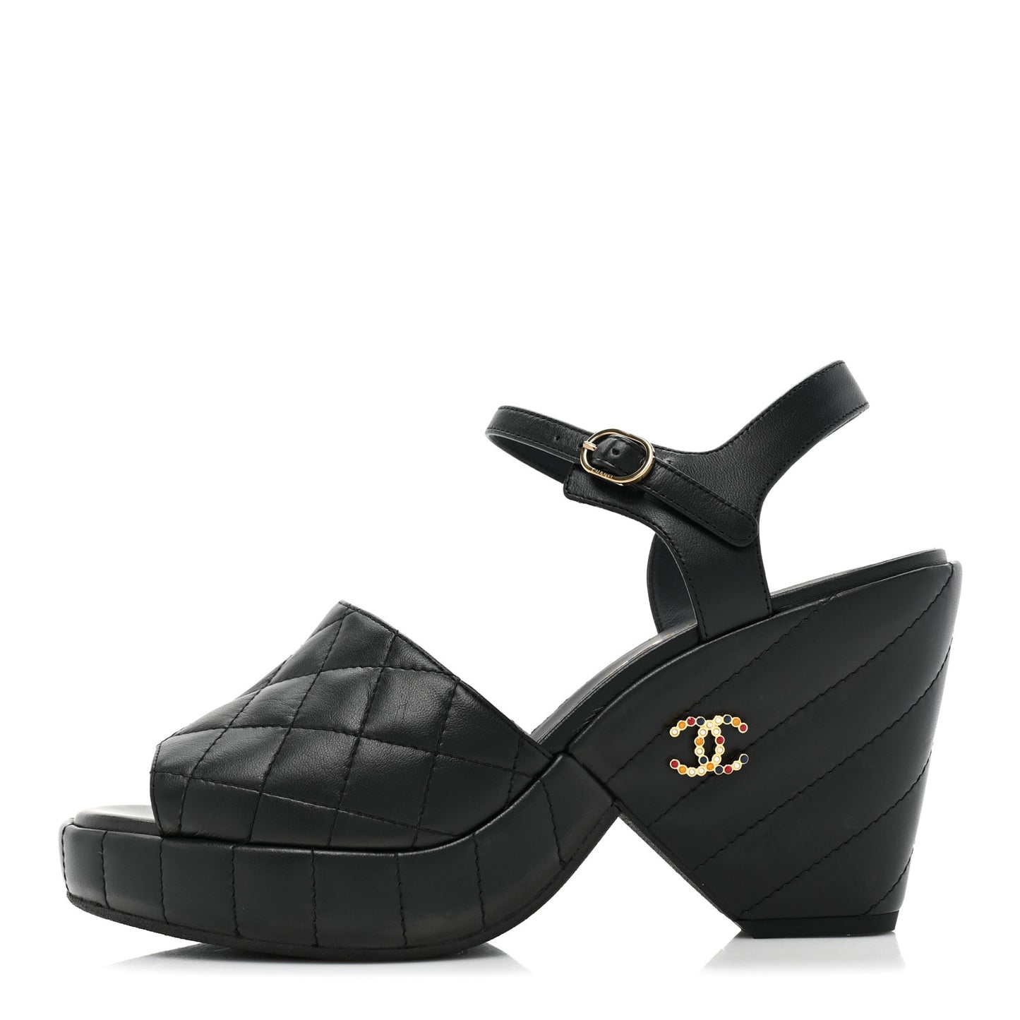 Lambskin Quilted Peep Toe Wedge Sandals 38.5 Black