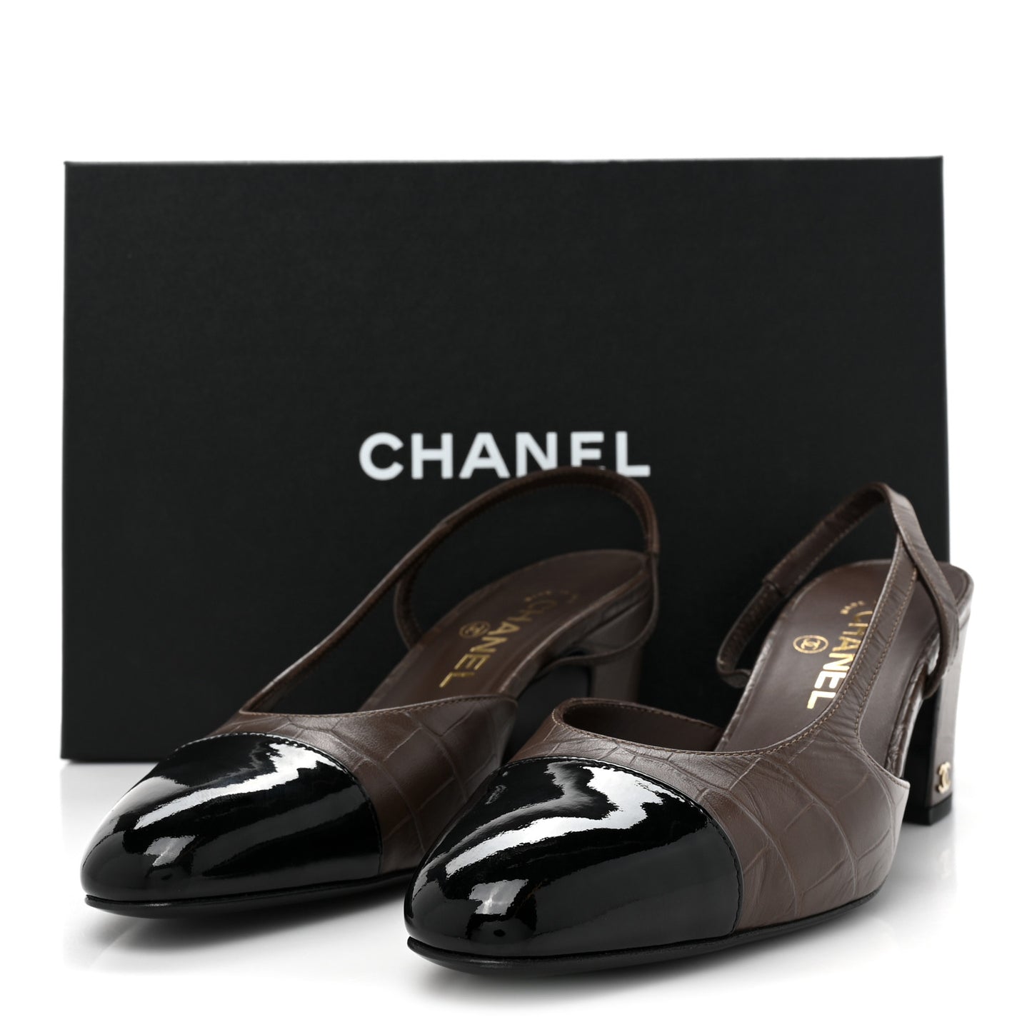 Calfskin Crocodile Embossed Patent Cap Toe CC Slingback Sandals 38.5 Brown Black