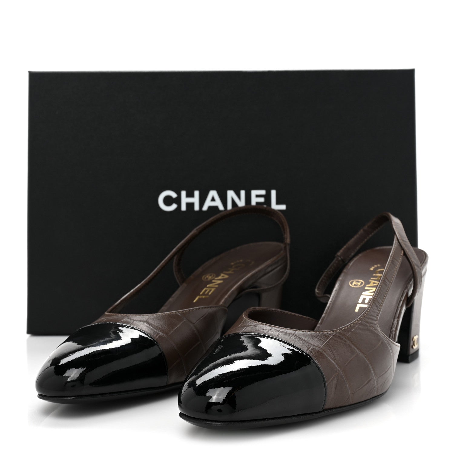 Chanel Calfskin Crocodile Embossed Patent Cap Toe CC Slingback Sandals 38.5 Brown Black 10 of 10