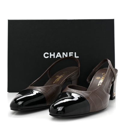 Chanel Calfskin Crocodile Embossed Patent Cap Toe CC Slingback Sandals 38.5 Brown Black 10 of 10