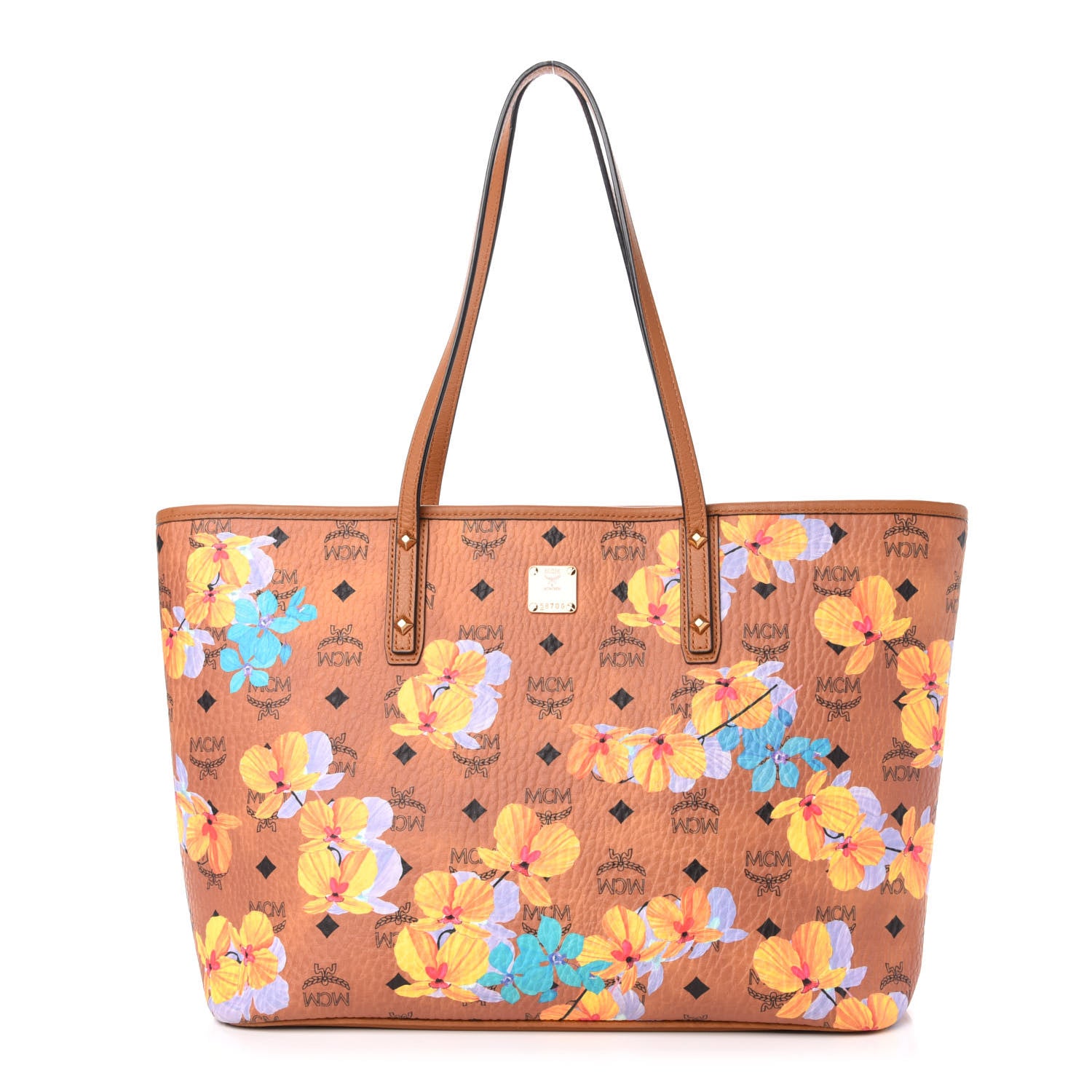 MCM Visetos Floral Print Medium Essential Zip Top Shopper Tote Cognac 1 of 10