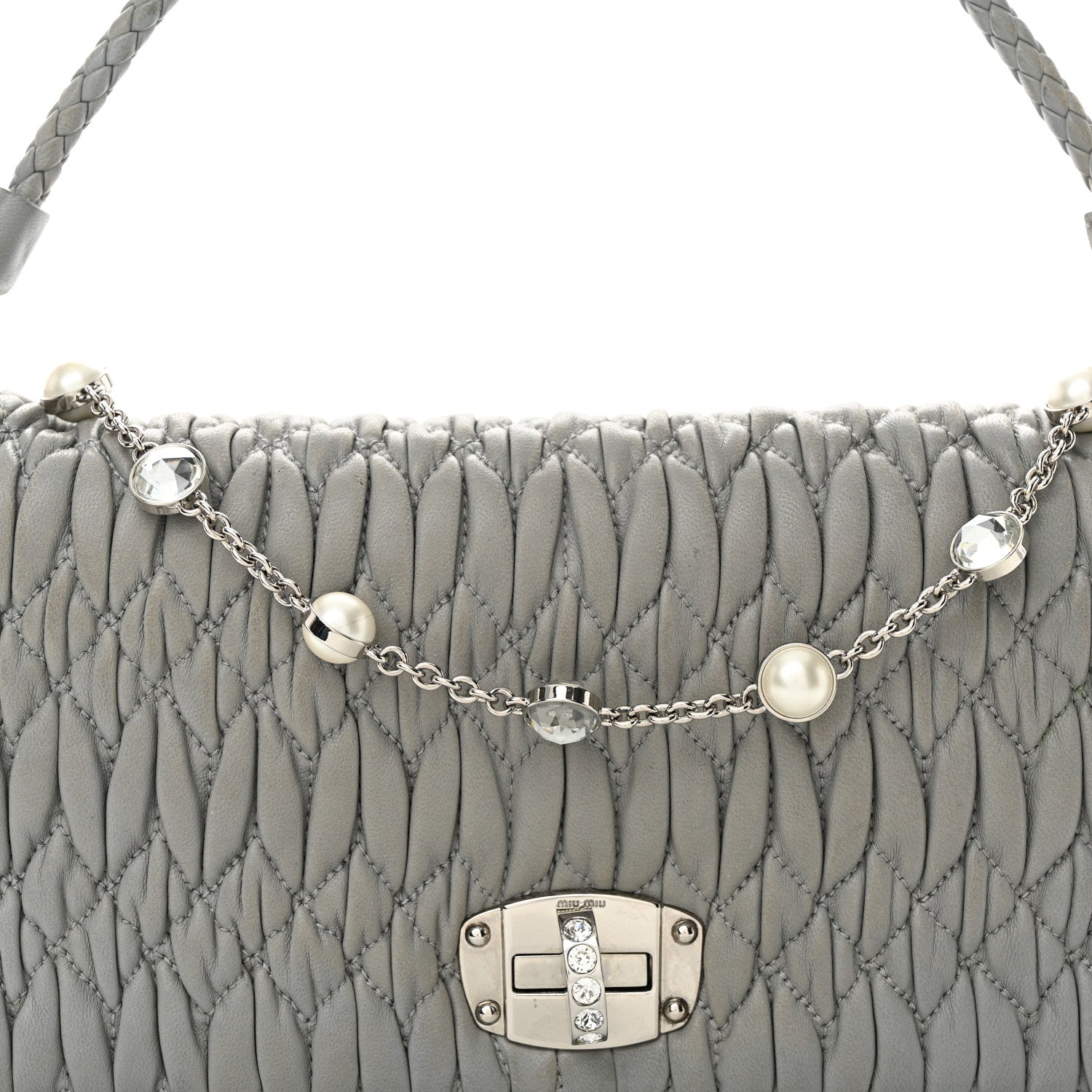 Miu Miu Nappa Matelasse Crystal Pearl Flap Clutch Grey 7 of 11